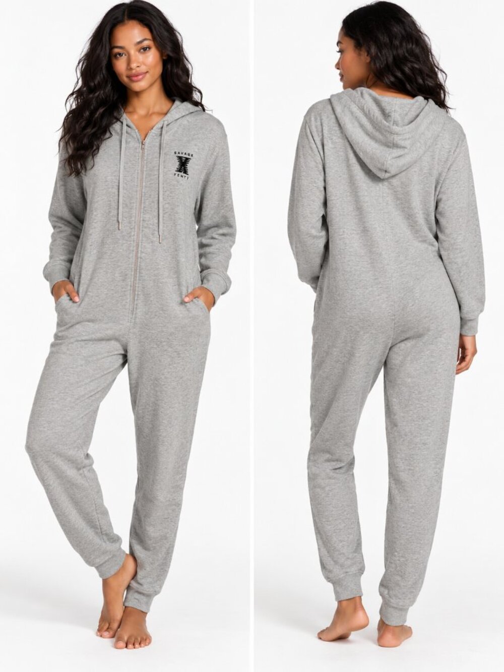 Savage X Fenty Women’s Hooded Zip Front Lounge Onesie Jumpsuit Gray Medium NWT